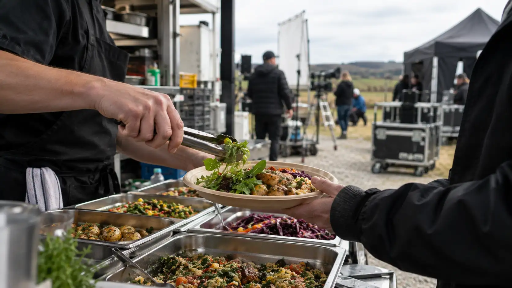 Crew member being served food during a film production shoot